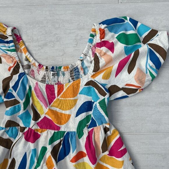 Tabitha Brown Small Multicolor Botanical Print Puff Sleeve Mini Dress Boho Linen - Picture 7 of 8